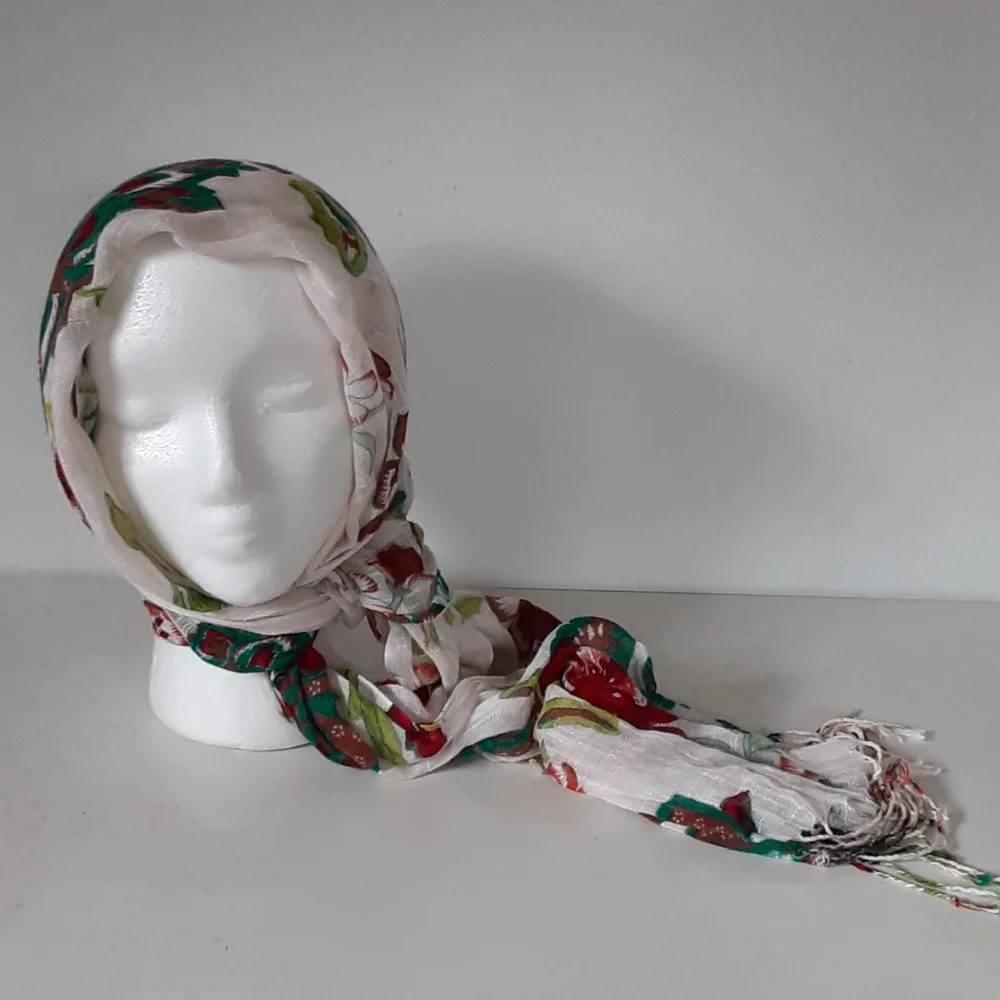 Teal, lime, red floral print on cream scarf